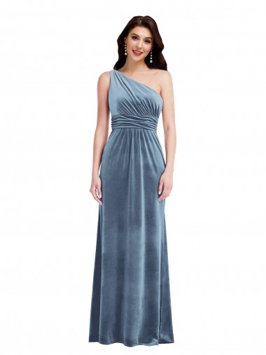 Online Azul polvoriento línea A Hombros Descubiertos Terciopelo Elástico Largo Vestidos de dama de honor / Vestidos de fiesta