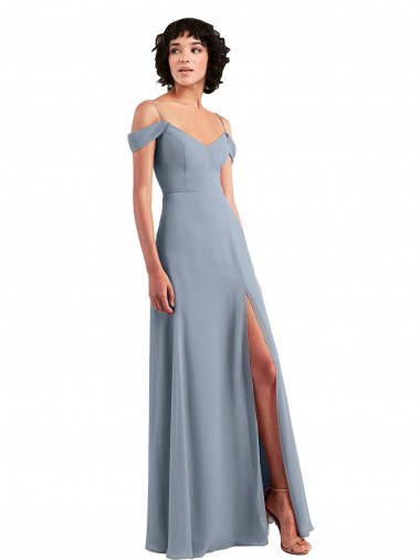 Online Azul polvoriento línea A Hombros Descubiertos Tirantes espagueti Gasa Largo Vestidos de dama de honor