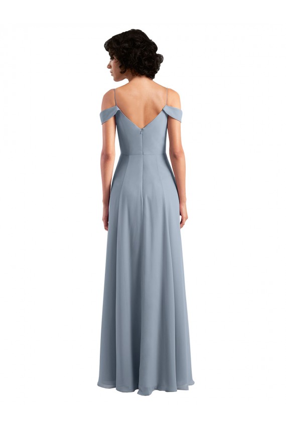 Online Azul polvoriento línea A Hombros Descubiertos Tirantes espagueti Gasa Largo Vestidos de dama de honor