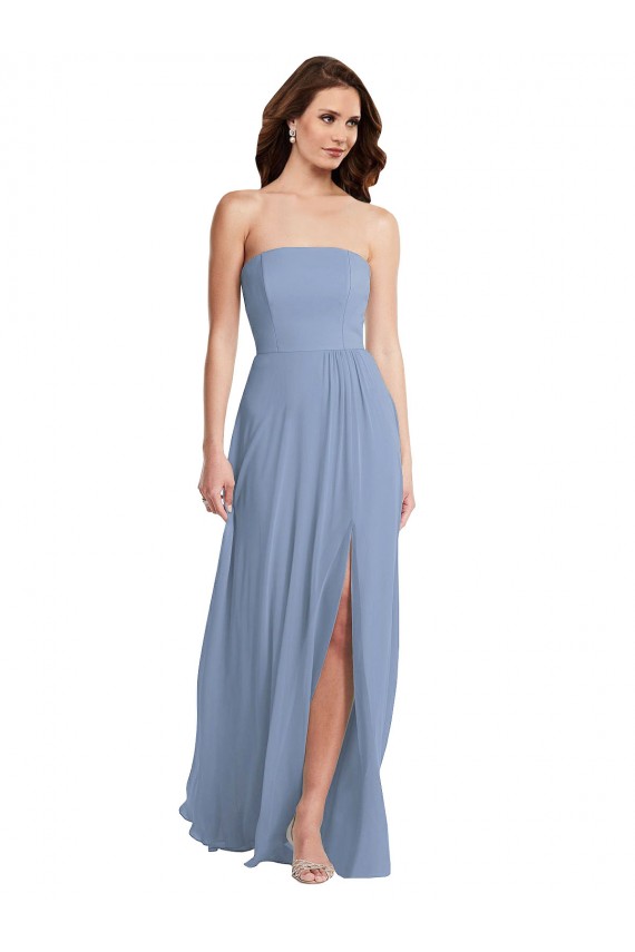 Online Azul polvoriento línea A Sin tirantes Gasa Largo Vestidos de dama de honor