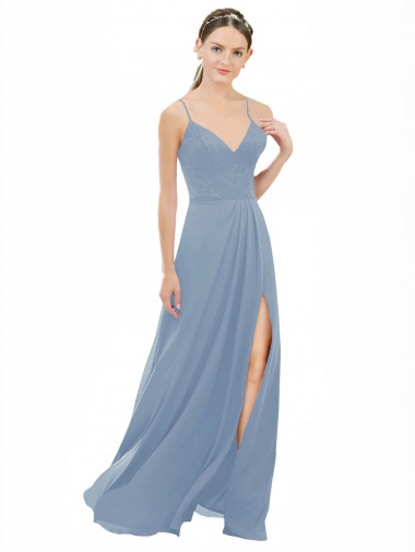 Online Azul polvoriento línea A Tirantes espagueti Cuello en V Gasa Encaje Largo Vestidos de dama de honor