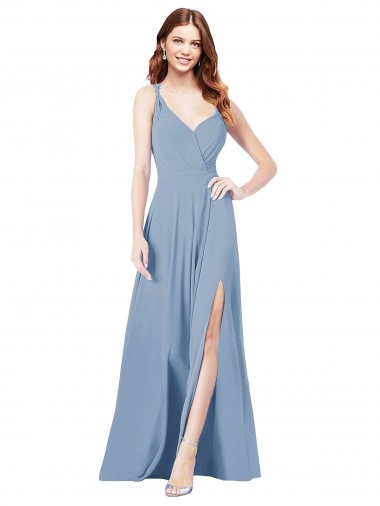 Online Azul polvoriento línea A Tirantes espagueti Cuello en V Gasa Largo Vestidos de dama de honor