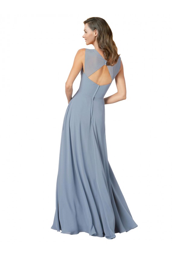 Online Azul polvoriento línea A Tirantes espagueti Cuello en V Gasa Largo Vestidos de dama de honor