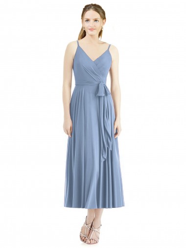 Online Azul polvoriento línea A Tirantes espagueti Gasa Corto Vestidos de dama de honor