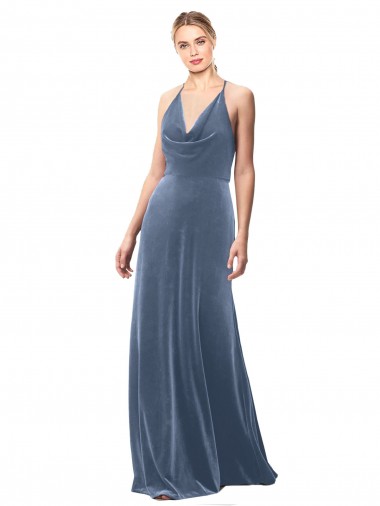 Online Azul polvoriento línea A Tirantes espagueti Halter Terciopelo Elástico Largo Vestidos de dama de honor / Vestidos de fiesta
