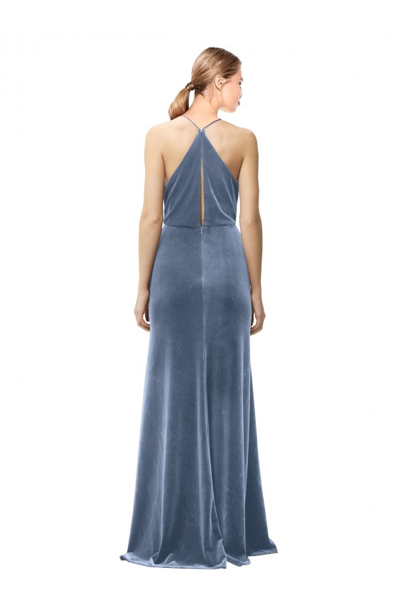Online Azul polvoriento línea A Tirantes espagueti Halter Terciopelo Elástico Largo Vestidos de dama de honor / Vestidos de fiesta