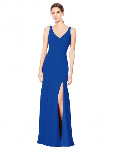 Online Azul real Cubierta Cuello de Corazón Gasa Largo Vestidos de dama de honor
