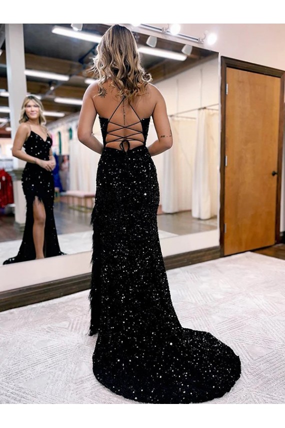 Online Azul real Cubierta Cuello en V Barrer tren Lentejuelas Terciopelo Largo Vestidos de fiesta