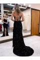 Online Azul real Cubierta Cuello en V Barrer tren Lentejuelas Terciopelo Largo Vestidos de fiesta