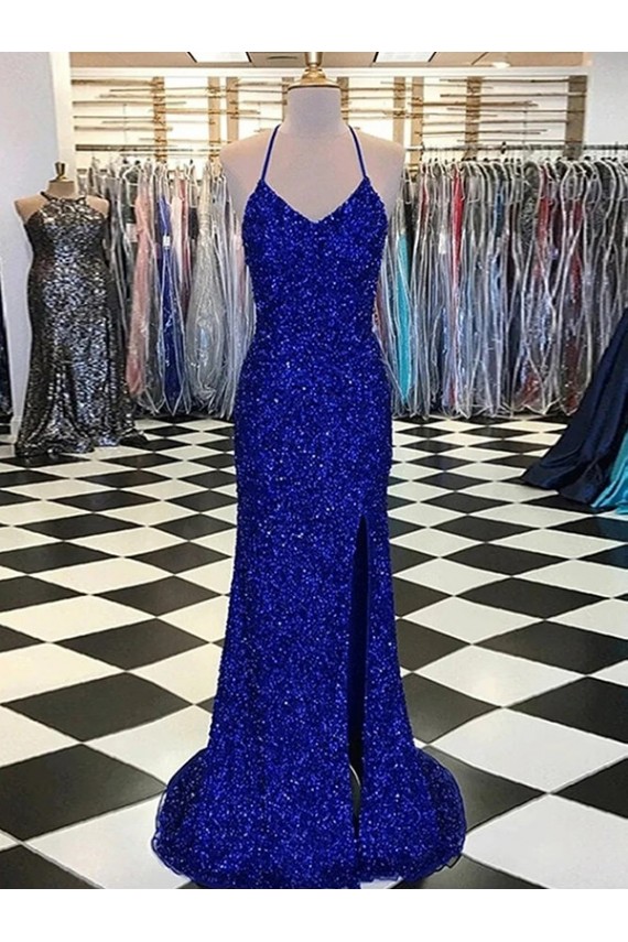 Online Azul real Cubierta Cuello en V Barrer tren Lentejuelas Terciopelo Largo Vestidos de fiesta