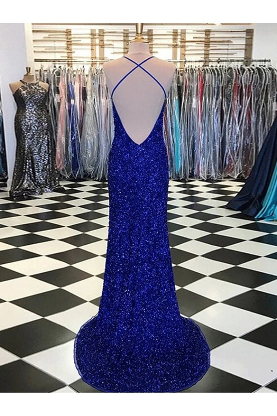 Online Azul real Cubierta Cuello en V Barrer tren Lentejuelas Terciopelo Largo Vestidos de fiesta