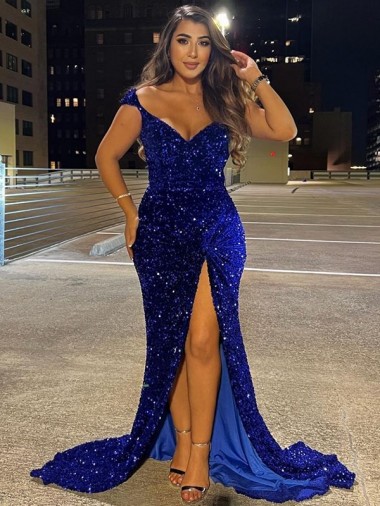 Online Azul real Cubierta Cuello en V Barrer tren Lentejuelas Terciopelo Largo Vestidos de fiesta