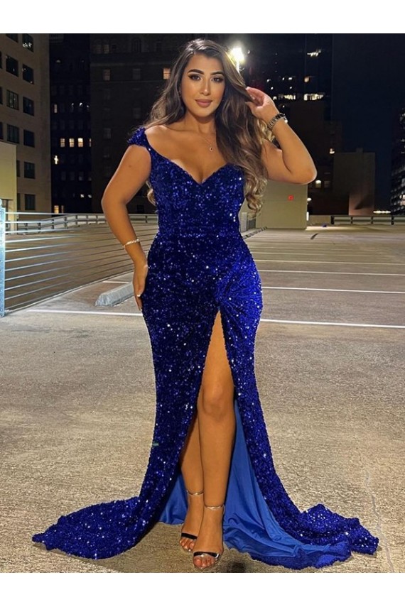 Online Azul real Cubierta Cuello en V Barrer tren Lentejuelas Terciopelo Largo Vestidos de fiesta