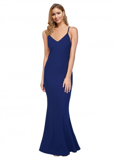 Online Azul real Cubierta Cuello en V Crepé Elástico Largo Formales Vestidos de dama de honor / Vestidos de fiesta