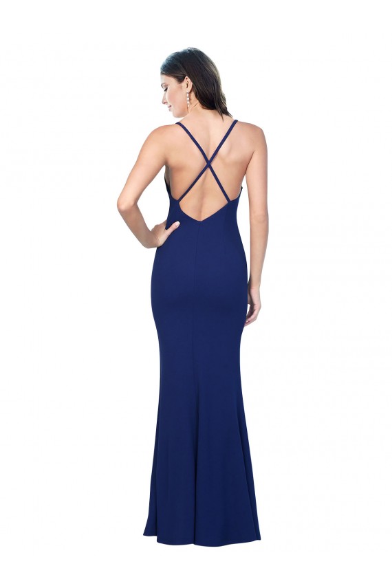 Online Azul real Cubierta Cuello en V Crepé Elástico Largo Formales Vestidos de dama de honor / Vestidos de fiesta