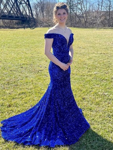 Online Azul real Cubierta Hombros Descubiertos Barrer tren Lentejuelas Terciopelo Largo Vestidos de fiesta