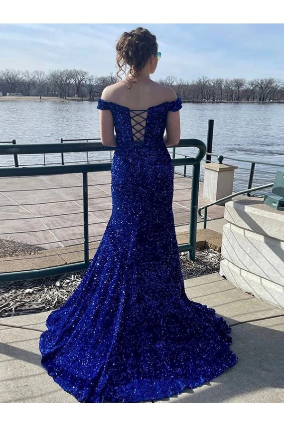 Online Azul real Cubierta Hombros Descubiertos Barrer tren Lentejuelas Terciopelo Largo Vestidos de fiesta