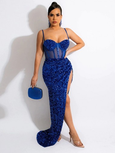 Online Azul real Cubierta Tirantes espagueti Barrer tren Lentejuelas Terciopelo Largo Vestidos de fiesta