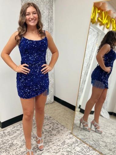 Online Azul real Cubierta Tirantes espagueti Corto Lentejuelas Terciopelo Corto Vestidos de fiesta