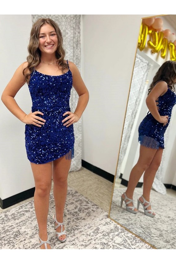 Online Azul real Cubierta Tirantes espagueti Corto Lentejuelas Terciopelo Corto Vestidos de fiesta