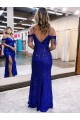 Online Azul real Cubierta Tirantes espagueti Cuello en V Lentejuelas Terciopelo Largo Vestidos de fiesta