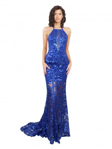 Online Azul real Sirena Cuello Alto Encaje Largo Vestidos de dama de honor / Vestidos de fiesta