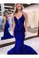 Online Azul real Sirena Cuello en V Cola corte Lentejuelas Terciopelo Largo Vestidos de fiesta