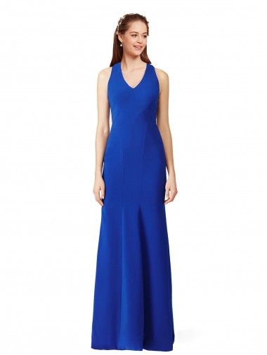 Online Azul real Sirena Cuello en V Crepé Elástico Largo Formales Vestidos de dama de honor / Vestidos de fiesta