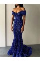 Online Azul real Sirena Hombros Descubiertos Barrer tren Lentejuelas Terciopelo Largo Vestidos de fiesta