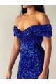 Online Azul real Sirena Hombros Descubiertos Barrer tren Lentejuelas Terciopelo Largo Vestidos de fiesta