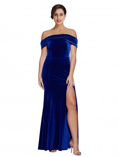Online Azul real Sirena Hombros Descubiertos Terciopelo Elástico Largo Formales Vestidos de dama de honor / Vestidos de fiesta