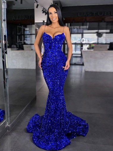 Online Azul real Sirena Tirantes espagueti Barrer tren Lentejuelas Terciopelo Largo Vestidos de fiesta