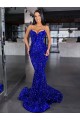 Online Azul real Sirena Tirantes espagueti Barrer tren Lentejuelas Terciopelo Largo Vestidos de fiesta