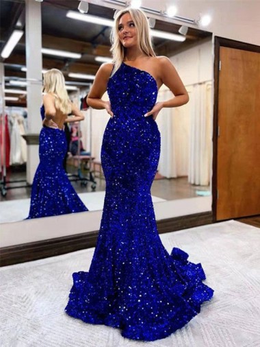Online Azul real Sirena Un Hombre Barrer tren Lentejuelas Terciopelo Largo Vestidos de fiesta