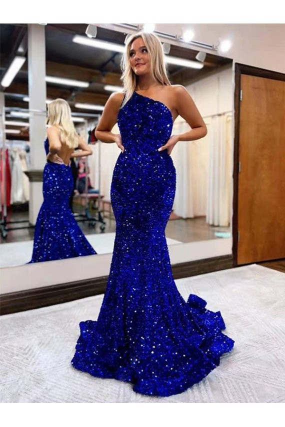 Online Azul real Sirena Un Hombre Barrer tren Lentejuelas Terciopelo Largo Vestidos de fiesta
