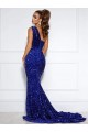 Online Azul real Sirena Un Hombre Cola corte Lentejuelas Terciopelo Largo Vestidos de fiesta