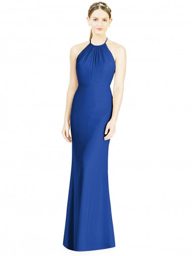 Online Azul real Trompeta Halter Cuello Alto Gasa Largo Vestidos de dama de honor