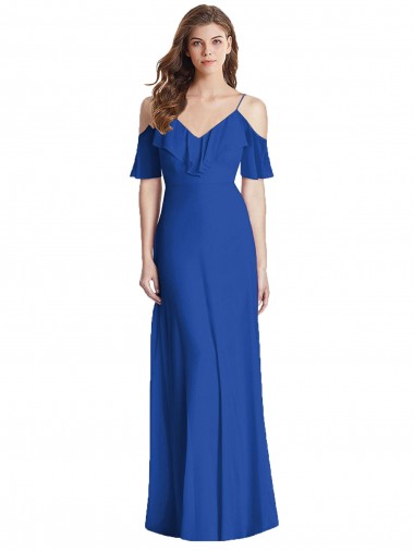 Online Azul real Trompeta Tirantes espagueti Cuello en V Gasa Largo Vestidos de dama de honor