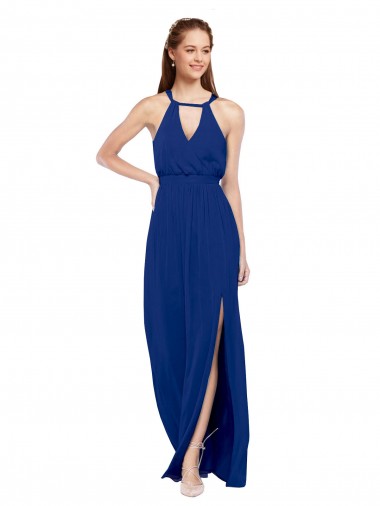 Online Azul real línea A Cuello Alto Gasa Largo Vestidos de dama de honor