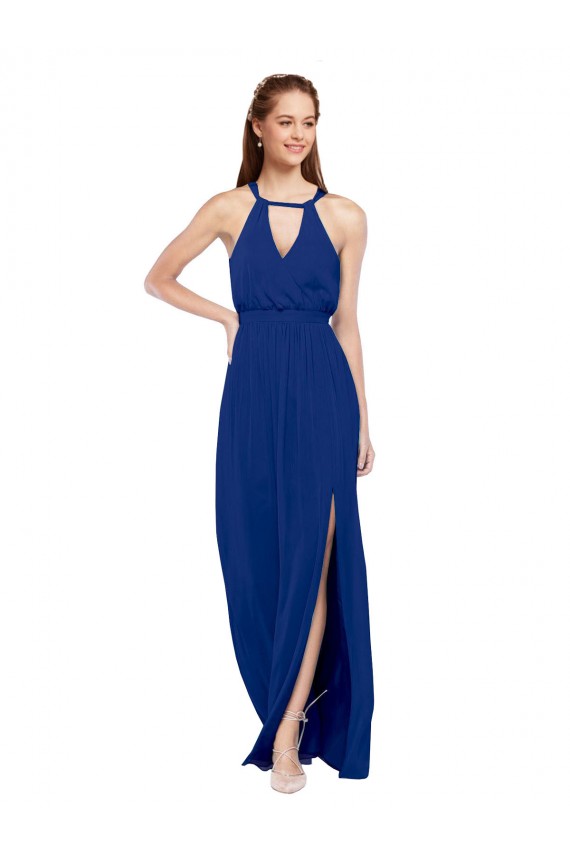 Online Azul real línea A Cuello Alto Gasa Largo Vestidos de dama de honor