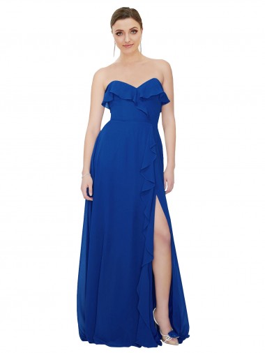 Online Azul real línea A Cuello de Corazón Sin tirantes Gasa Largo Vestidos de dama de honor