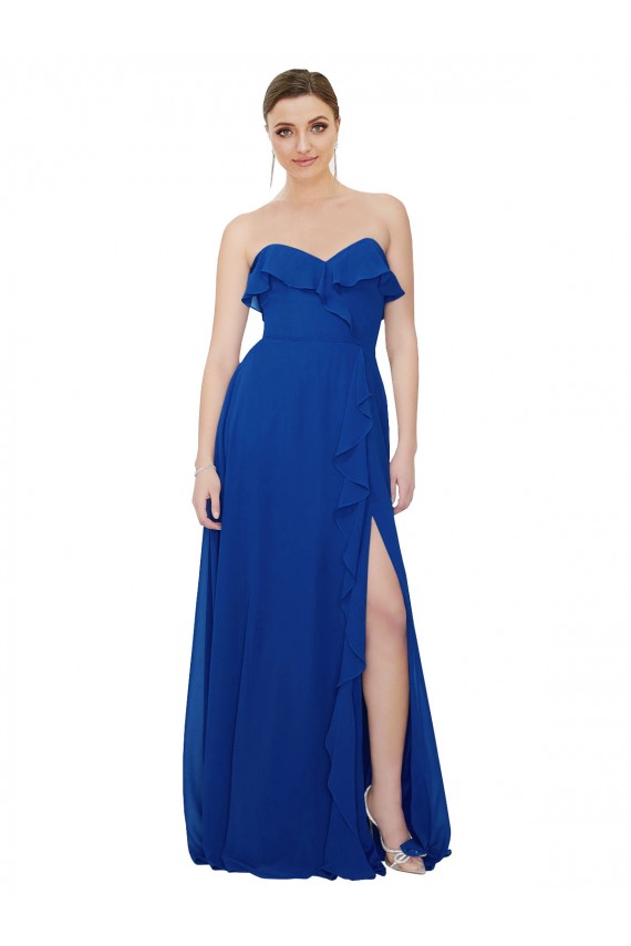 Online Azul real línea A Cuello de Corazón Sin tirantes Gasa Largo Vestidos de dama de honor
