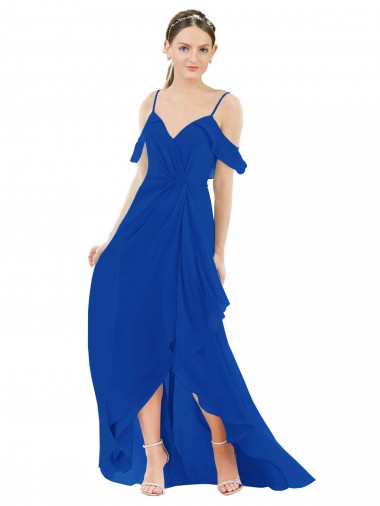 Online Azul real línea A Cuello en V Gasa Largo Asimétrico Vestidos de dama de honor