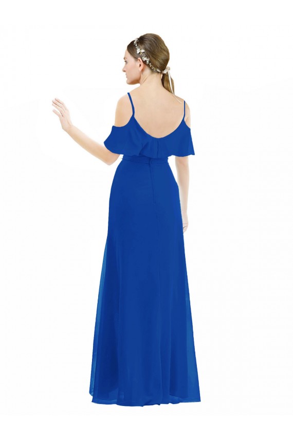 Online Azul real línea A Cuello en V Gasa Largo Asimétrico Vestidos de dama de honor