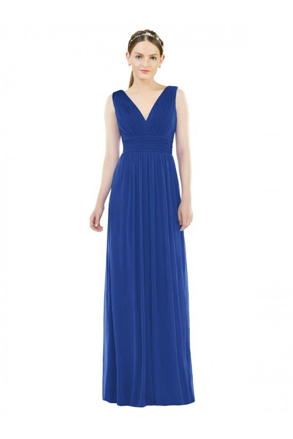 Online Azul real línea A Cuello en V Gasa Largo Vestidos de dama de honor