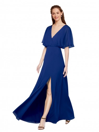 Online Azul real línea A Cuello en V Gasa Largo Vestidos de dama de honor