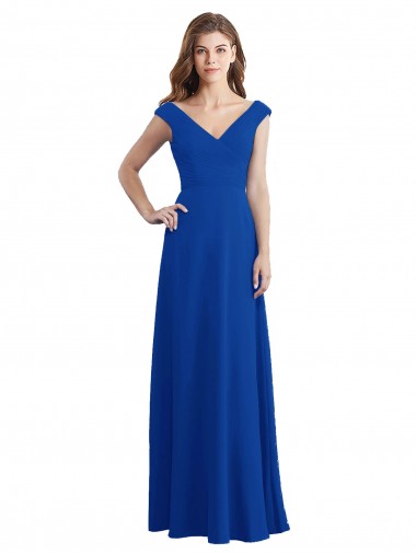 Online Azul real línea A Cuello en V Gasa Largo Vestidos de dama de honor