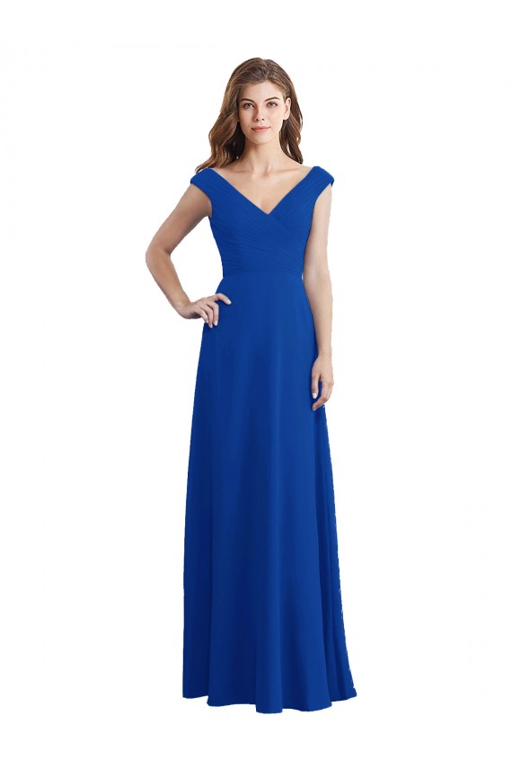 Online Azul real línea A Cuello en V Gasa Largo Vestidos de dama de honor
