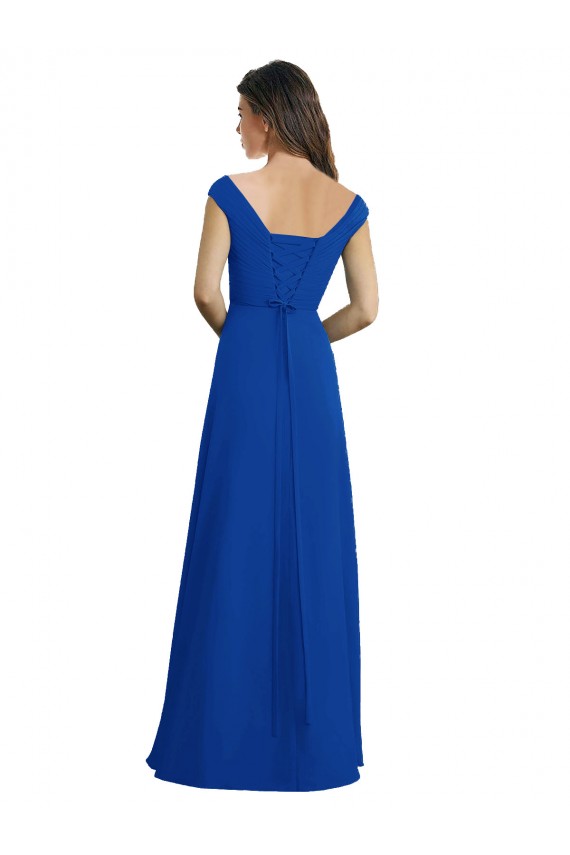 Online Azul real línea A Cuello en V Gasa Largo Vestidos de dama de honor