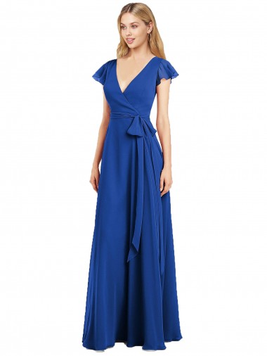 Online Azul real línea A Cuello en V Gasa Largo Vestidos de dama de honor